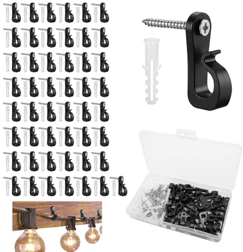 Weniubit 50 Stück Mini Fairy Light Schraubhaken, Outdoor Weihnachtslicht Haken Q-Hanger Haken zum Hängen Garten LED Lichterkette und Weihnachtsfeier Dekoration, Schwarz (50)