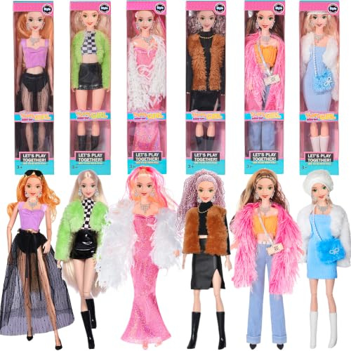 dollbie Mode 6 Pack 11,5 Zoll amerikanisches Spielzeug Prinecess Puppen Spielset mit Outfits Kleid Design und Zubehör wie Handtasche Hut Krone Halskette (Geschenkbox-Paket)