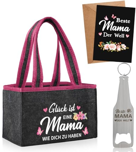WenmthG Geschenke für Mama Bier Tragetasche aus Hochwertigem Filz für 6 Bierflaschen mit Flaschenöffner und Grußkarte, Filztasche mit Spruch Geburtstagsgeschenk für Mama Mutter