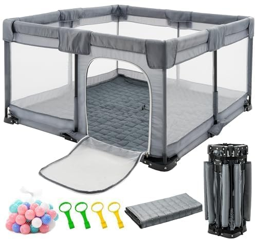 Foldable Baby Playpen with Mat, Playpen for Babies and Toddlers,Portable PlayPen with Ocean Balls and 4 Handlers Indoor & Outdoor. (127x127cm)
