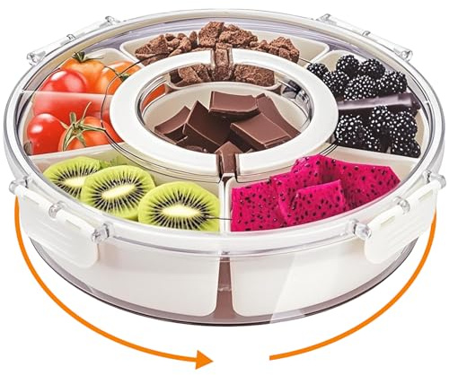 Ciotola Snack con Coperchio & Manico, Box Alimenti Rotondo Rotanti 360°, Contenitori Rotondo 6 Scomparti per Feste Viaggi, Vassoio Servizio Diviso per Vegetgie, Spezie, Dolci, Frutta, Biscotti,Dessert