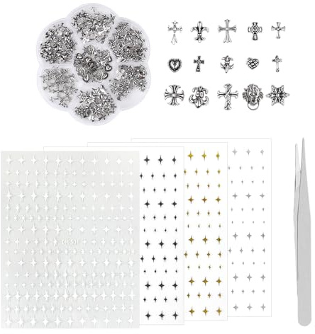 75 stycken kors-nagelsmycken, 4 stycken nagelfläckar och 1 st pincetter i rostfritt stål, punk nagelkonsttillbehör, manikyrverktyg, gör-det-själv-nagelkonst.