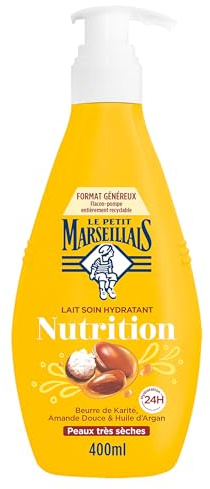 Le Petit Marseillais - Lait Soin Hydratant Nutrition (Flacon-Pompe de 400 Ml) – Lait Corps pour Peaux Très Sèches Hydratation 24H – Lait Corporel au Beurre de Karité, Amande Douce et Huile d'Argan