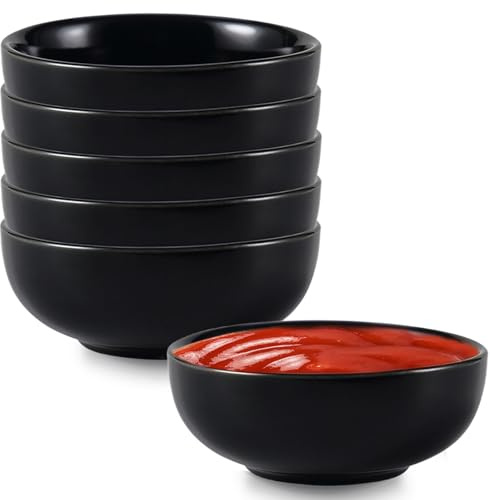 BAIFULAI 6er Schwarz Dipschalen Set, 70 ml Kleine Schälchen Keramik für Dips, Stapelbare, Rund, Sojasauce, Tapas Schalen Set für Charcuterie Board Sushi, Tomatensauce, BBQ, Party Zubehör
