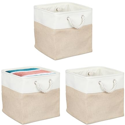 Relaxdays Aufbewahrungskorb, 3er Set, Leinen, mit Seilgriffen, Kleidung, Spielzeug, Größenwahl, Regalkorb, beige/weiß