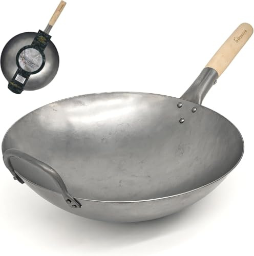 Homira Wok 36cm handgehämmert aus Karbonstahl mit rundem Boden und Holzgriff – traditionelle Wokpfanne, PFAS-frei, für Gas, Grill & Outdoor