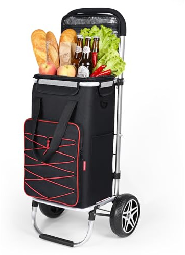 YEAUPE PRO 3in1 Einkaufstrolley mit Kühlfach, 50L Einkaufsroller mit Abnehmbarer Tasche, Max. 25kg Belastbarkeit, inkl. Seitentaschen und Flaschenöffner (Rot)