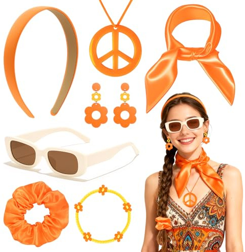 7 Stück Hippie Accessoires Set,Vintage Hippie Zubehör Damen mit Orangefarbenes Haarband,Seidenschal,Hippie Brille,Peace Kette, 70er Jahre Accessoires, Hippie Party Zubehör für Karneval & Mottoparty
