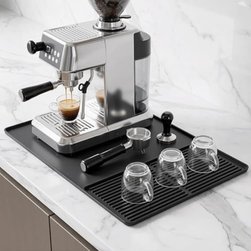 Zourglow Kaffemaskinsmatta, 60 x 40 cm silikon kaffematta, svart | Halkfri och värmebeständig kaffebarmatta med upphöjda kanter, 2-i-1 disktorkmatta för bänkskivor, kök, bänkskiva