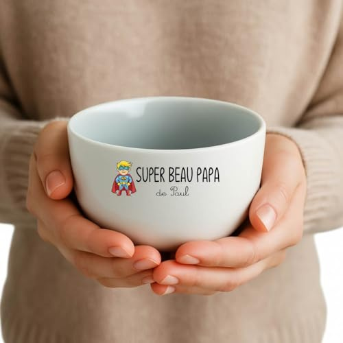 Générique Bol Super Beau-Papa personnalisé avec prénom – Cadeau Noël, Anniversaire ou Remerciement – Bol céramique blanche 500 ml –