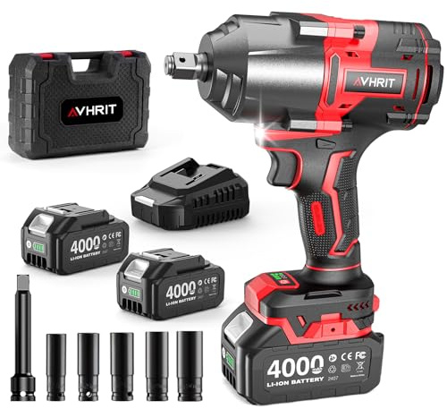 Avhrit Cordless Impact Wrench 1/2, 1180Ft-lbs (1600 N.m) High Torque Electric Impact Gun with 2 X 4000mAh Battery, Fast Charger & 5 Sockets, Power Impact Driver for Car and Home