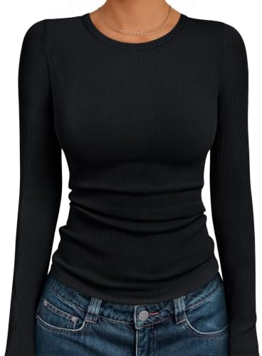 LILLUSORY Womens Ribbed Long Sleeve Fall Tops Crew Neck Slim Fit Autumn Shirts Dressy Basic Capsule Wardrobe Clothing