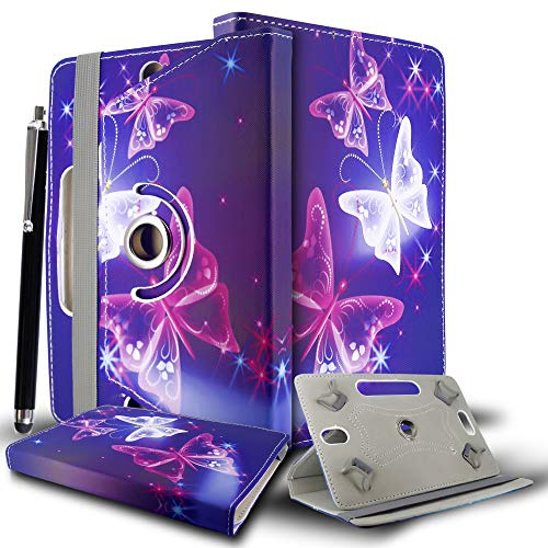 10inch Tablet Case Cover - Universal Leather Stand Case Folio Cover Magic Leather 360° Rotating Case Fits to ALL 10 Inch & 10.1 Inch Android Tablets tab + Stylus Pen (BUTTERFLY BLUE CASE COVER)