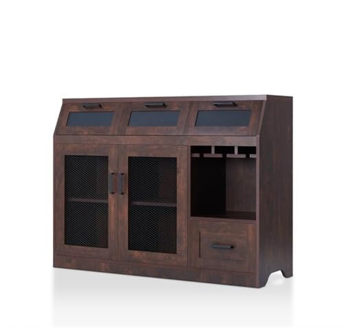 BOWERY HILL Transitional Buffet, Vintage Walnut Finish, Particle Board MDF Metal Build, 47.2 W x 15.7 D x 35.2 H, Chalkboard Door Panels, Flip-Down Compartments, Built-in Stemware Rack, Kitchen or
