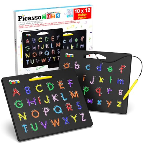 PicassoTiles Magnetic Alphabet Board 12x10 in Dual Sided Learning Pad with Upper and Lowercase Letter Tracing Stylus Pen Reusable Erasable Educational Toy Kids Preschool Montessori Writing Tool PTB03