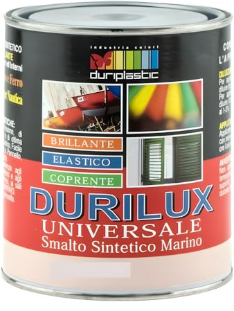 DURIPLASTIC Durilux Smalto Universale Sintetico Marino Lucido, Protezione per Legno e Ferro, Finitura Brillante, Resistente agli Agenti Atmosferici, Bianco Perla 526 Ral 1013 (0,375 L)
