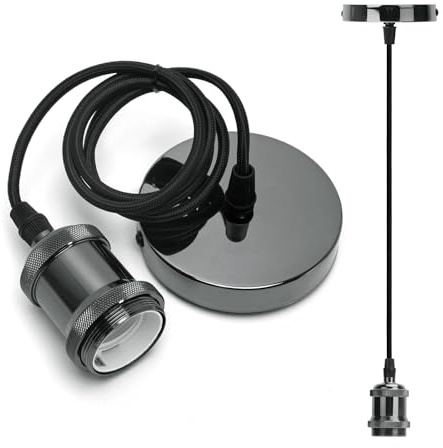 Aigostar Metall E27 Vintage Lampenfassung,E27 Retro Lampenaufhängung mit Kabel,Vintage Pendelleuchte mit Deckenhalterung,1m Kabel,Schwarz