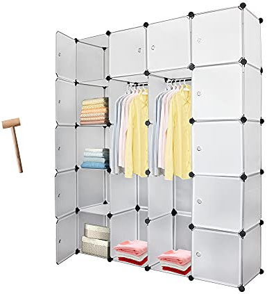 Lospitch Kleiderschrank, Tragbarer Regalsystem, 20 Würfel DIY Regalsystem Kleiderschrank Offen Kunststoff Garderobe mit Türen Garderobenschrank Weiß 180 x 142 x 37CM