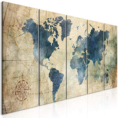 murando Cuadro Acústico Mapamundi 225x90 cm espuma acústica absorbe el sonido aislamiento lienzo de 5 piezas Decoración de Pared Windrose Mapa k-A-0415-b-m