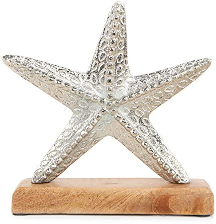 Logbuch-Verlag Seestern Figur Silber Metall & Holz Stern Deko Reisen Sommer Badezimmer Strand Meer Maritime Dekoration 18 cm