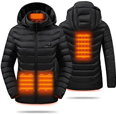 HEWINZE Beheizbare Jacke Damen mit kapuze,Warme Pufferjacke Damen mit akku 5V 10000mAh,Winterjacke für Outdoor Wandern Jagd Motorrad Camping