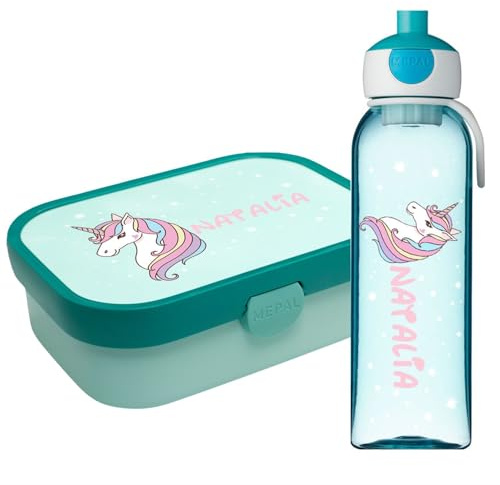 Ferocity Lunchbox Set für Kinder Mädchen zur Schule Personalisiert mit Namen Brotdose Wasserflasche Trinkflasche BPA frei Essen für Unterwegs mit Gabel und Bento Fach To Go Shiny Unicorn [153]
