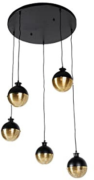 QAZQA - Industrie I Vintage I Industrie I Vintage I Hängelampe I Pendellampe I Pendelleuchte schwarz mit Messing 5-flammig Lichter - Haicha I Wohnzimmer I Schlafzimmer - Stahl Rund I Kugel I Kugelförm