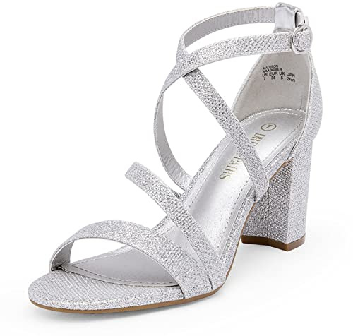 DREAM PAIRS Women’s Ankle Strap Dress Pump Low Chunky Heel Sandals,Size 8W,Silver-Glitter,MADISON