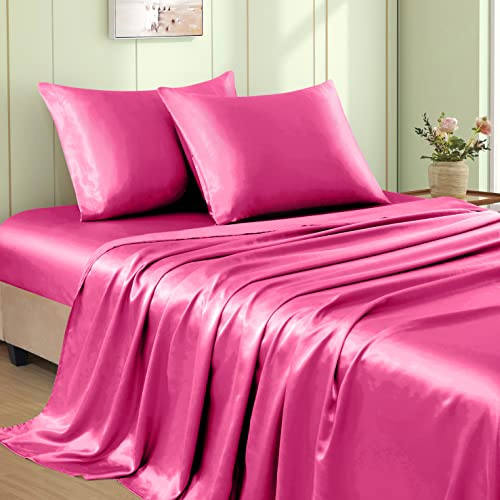 VACVELT 4 st heta rosa satinlakan full storlek sänguppsättning, 15 tums djup ficka silkeslent satinlakanset, mjukt satinbäddset kylning och lyxiga lakan, 1 dra-på-lakan + 1 platt lakan + 2 örngott