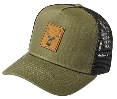 Baddery Kinder Trucker Cap - „Hirsch mit Leder-Patch“ - Outdoor Basecap für Jungen & Mädchen (Olivgrün-Schwarz)