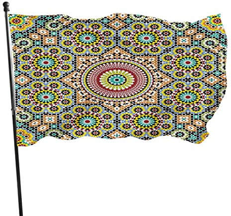 Drapeau du Maroc 1,2 x 1,8 m Bannières saisonnières traditionnelles marocaines mosaïques à carreaux floraux rétro drapeaux d'extérieur grandes bannières de bienvenue pour la maison, le jardin, la
