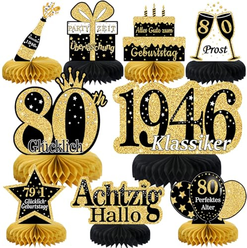 80. Geburtstag Mann 9 Stk Schwarze Goldene Bienenwabe Mittelstück Tischdeko Geburtstag,80 Geburtstag Deko,80 Geburtstag Party Deko Für Frauen Und Mann,Geschenke Für Männer Geburtstag （Deutsche）