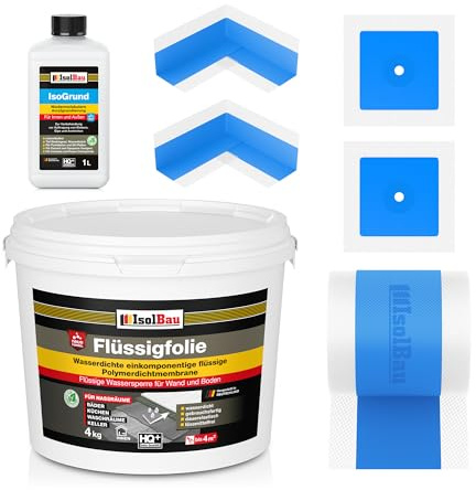 Isolbau Dicht-Set - Inkl. 1x Flüssigfolie (4 kg), 1x Isogrund (1 L), 1x Dichtband (5 m), 2x Innenecken & 2x Manschetten