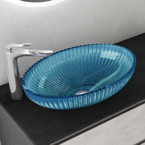 Mai & Mai Lavabo da Appoggio 50,5x35x14,5cm, Lavandino Bagno in Vetro Temperato Ovale Minerva04, Blu