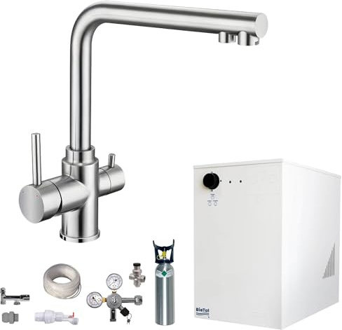 BieTal® Wassersprudler Untertisch Sprudelwasser Tafelwasseranlage BT-30U mit Kühlung und 3-Wege L Auslauf Edelstahl Wasserhahn im Komplettset mit 2kg CO2 Flasche