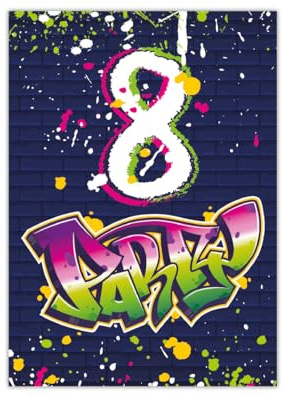 Junapack 12 Einladungskarten zum 8. Kindergeburtstag Motto Feier Fest Einladung Set Geburtstag Mädchen Kinder Jungs Jungen Boys Teenies Unisex Graffiti Jugendstill modern bunt grün lila neon