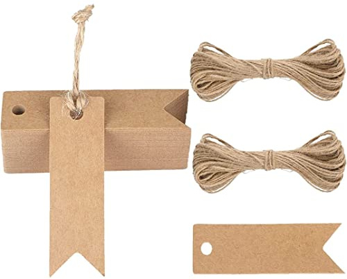 100pcs Preisschilder mit Schnur kleine Geschenkanhänger aus Kraftpapier 7 x 2 cm Mini-Etiketten aus blankem Papier Hochzeitsetiketten Geburtstags-Gepäckanhänger braun Hängeetikett mit Juteschnur braun