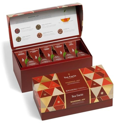 Tea Forte, caja de regalo Tea Chest Gift Set 20 variedades diferentes Bolsa coladora de té piramidal hecha a mano - Warming Joy Chest