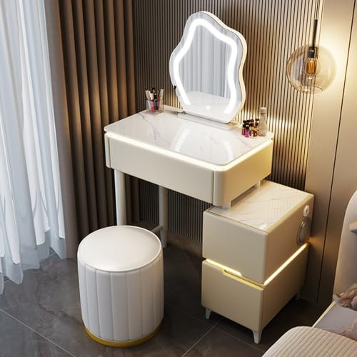 Tavolo da trucco con specchio e luci, Tavolini da Toilette per Camera da Letto per Donne e Ragazze, Toeletta da Trucco Moderna con Specchio Illuminato, per Camera da Letto Ragazze(Round Khaki,60cm/23.
