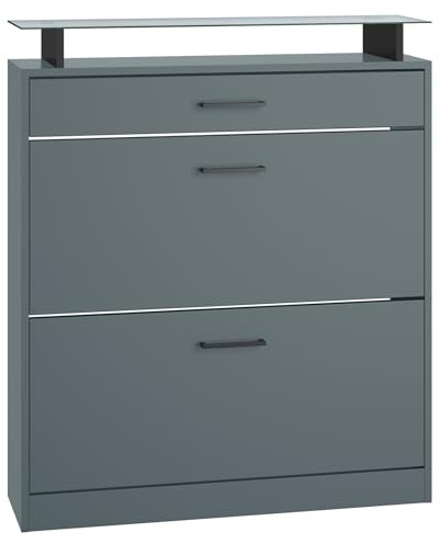 Vladon Schuhschrank Enigma, Schuhkipper für 16 Paar Schuhe mit 2 Klappen und 1 Schublade und Glasablage, Fjord Grün (89 x 104 x 23 cm)