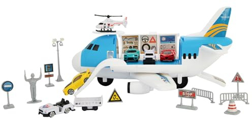 Teamsterz Metro City Aeroplane Transporter Playset | Cargo Plane Toy with Car Storage, Launch Ramp & 16 Accessories | Includes Toy Cars & Helicopter | Vehicle Playset for Kids Ages 3+
