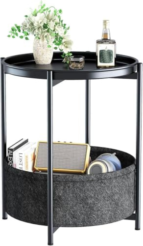 Beistelltisch Rund, Kleiner Tisch, Metall Balkontisch, Sofatisch 2 Ebenen, Couchtisch mit Korb aus Stoff, Nachttisch, Wohnzimmertisch, Beistelltische fürs Wohnzimmer Schlafzimmer Terrasse, Schwarz
