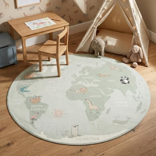 Little Olly Kinderteppich Rund - Globe Mint - Ø 100 cm | Sonstige - Krabbeldecke - Spielmatte - Kinderzimmer, Babyzimmer - Jungen - Mädchen