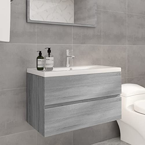 IKAYAA Mobile Bagno Sospeso con Lavabo Integrato - Armadietto con 1 Cassetti - Grigio Sonoma - 80 x 38.5 x 45 cm - Senza Rubinetto e Scarico
