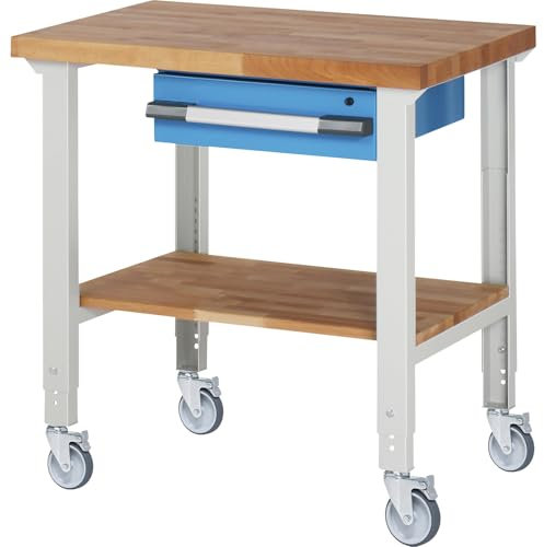 eurokraft | Fahrbare Werkbank Serie 7000 | 4 Lenkrollen | 1 Schublade | Ablageboden | Platten-BxT 1000 x 700 mm