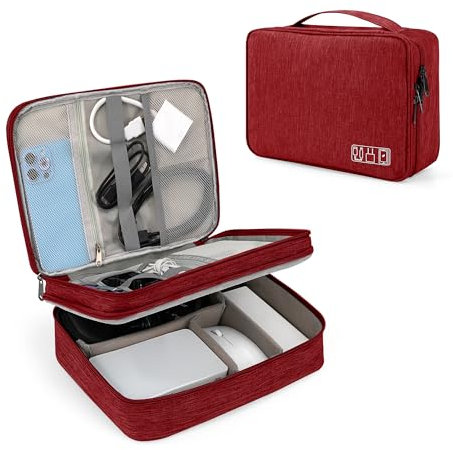 Tunejoy Bolsa de Accesorios Electrónicos Organizador de Viaje para Tableta de 2 Capas Portátiles Estuche Cables de Almacenamiento para Cargador Banco de Energía 27x20x8 cm Rojo