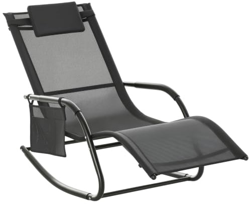 Outsunny Mecedora de Exterior Tumbona Mecedora con Reposabrazos Reposacabezas Acolchado y Bolsillo Lateral Carga 120 kg para Jardín Terraza Patio 150x62x88 cm Negro