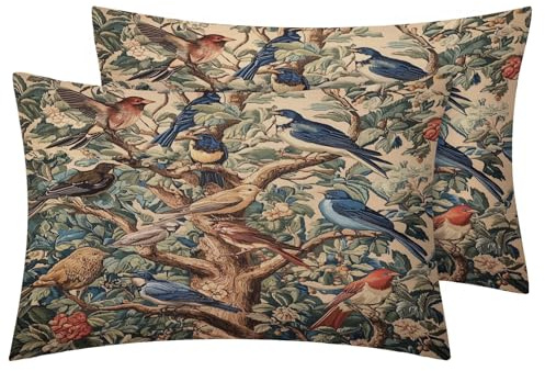 TANCAPRIUM Morris Style Pillow Cases Standard Size Set of 2, Flower Bird Pillowcase & Home Decor, Vintage Pillow Covers 20x26, Pillow Shams with Zipper, Soft Breathable
