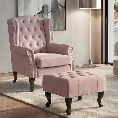 Mendler Sessel Chesterfield Stoff/Textil - Hellrosa mit Ottomane | Relaxsessel, Clubsessel, Ohrensessel, wasserabweisend