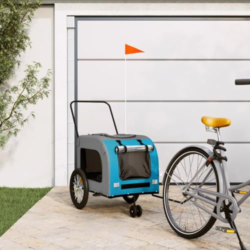 Fasba Fahrradanhänger für Hunde, Hundeanhänger für Fahrrad, Hundefahrradanhänger mit Reflektoren Flagge, Anhänger für Katzen Haustiere, Blau und Grau Oxford-Gewebe und Eisen